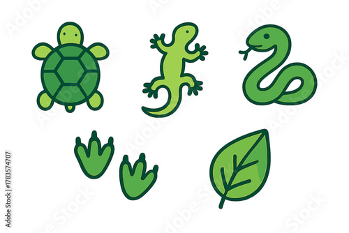 Stylized green reptile icons featuring a turtle, lizard, and snake with footprints and a leaf
