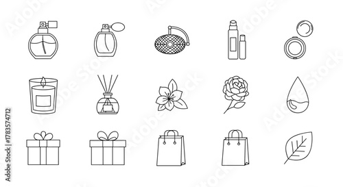 A collection of minimalistic outline icons representing beauty and self-care products, including perfumes, candles, diffusers, makeup, flowers, gift bags, and a leaf, perfect for web design, graphic