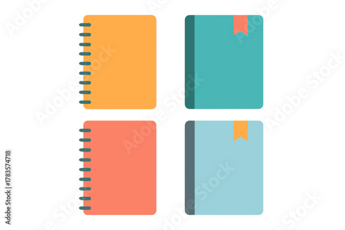 Colorful closed books and spiral bound notebooks stacked representing learning and organization