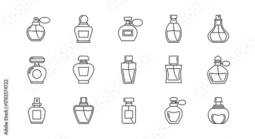 A collection of fifteen simple line art icons representing various perfume bottles, presented on a clean white background. This set includes diverse shapes and styles, perfect for graphic design