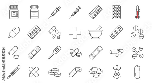 Collection of thin line icons representing pills, medication, and medical supplies, including bottles, syringes, blister packs, capsules, bandages, thermometers, and a mortar and pestle, suitable for