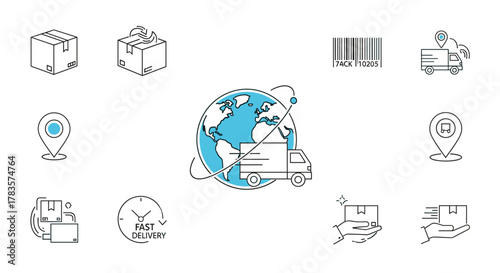 Global delivery service icons: a truck circling the Earth, package tracking pins, barcode, fast delivery clock, and hands holding boxes, representing logistics, shipping, and e-commerce, perfect for