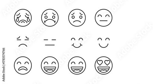 Collection of simple line art emoji icons representing a range of emotions from sadness and disappointment to joy and love, perfect for UI design, web, apps, and print materials, with editable stroke