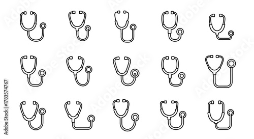 Collection of fifteen stethoscope icons, presented in a clean, minimalist line art style. Each icon features an editable stroke and is suitable for a wide range of applications including UI design