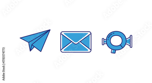 Set of three blue icons representing communication methods: a paper airplane for sending messages, a traditional envelope for mail, and a post horn for traditional postal services, all in a clean