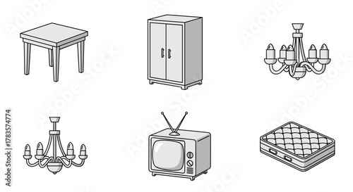 Collection of isometric vector illustrations of household furniture and decor, including a simple table, a double-door closet, two chandeliers, a vintage television set, and a mattress, perfect for