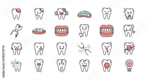 A collection of cartoon tooth icons illustrating various dental problems and conditions, including cavities, decay, cracks, and pain, presented in a clean outline style perfect for graphic design