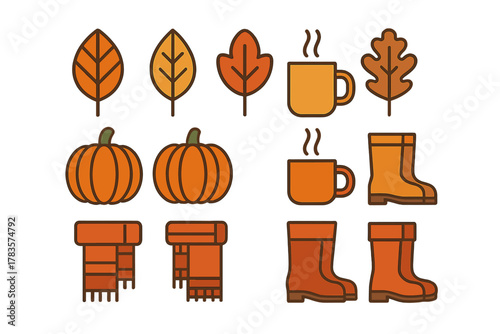 Colorful autumn season icons featuring fall leaves, pumpkins, hot beverage mugs, scarves, and rain boots