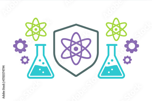 Shield protecting atomic structure surrounded by laboratory glassware and gears