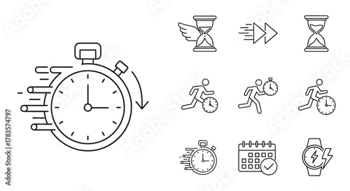 Set of vector line icons representing time and speed, including a stopwatch with motion lines, running figures with clocks, hourglasses, fast-forward arrows, a calendar with a checkmark, and a