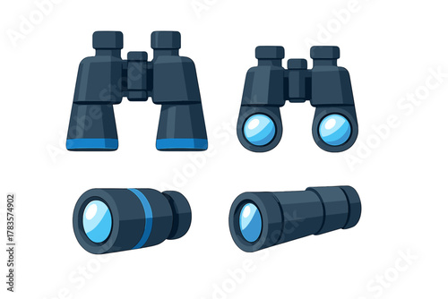 Set of dark blue binoculars and monocular in various angles for observation and exploration