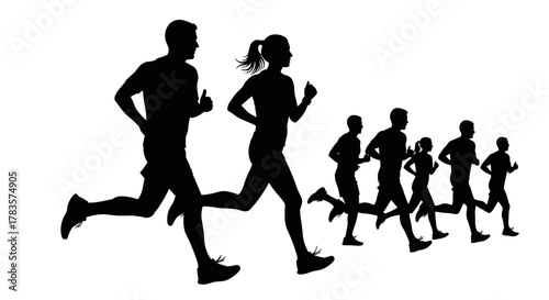 Dynamic Silhouettes of Diverse Runners in Motion: A Man and Woman Lead a Group Marathon, Isolated Abstract Vector Art Showcasing Athleticism and Endurance on a White Background, Perfect for Sports
