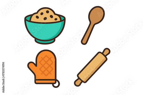 Essential baking tools and ingredients set featuring mixing bowl, wooden spoon, oven mitt, and rolling pin