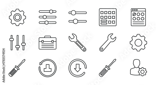 Collection of outline vector icons representing general settings, gears, sliders, control panels, toolboxes, wrenches, screwdrivers, system updates, and user preferences, presented as a set of clean