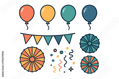 Vibrant collection of celebration decorations including balloons, triangular flags, and scattered confetti