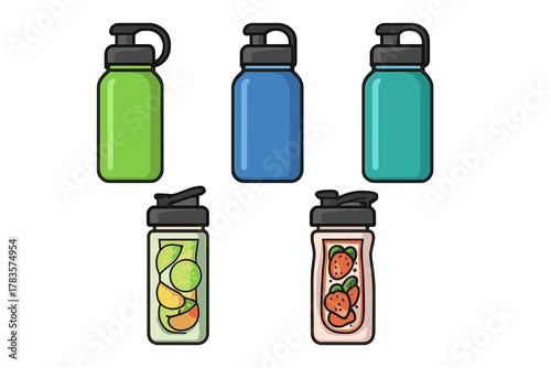 Set of reusable water bottles and fruit infuser shakers for hydration and healthy lifestyle
