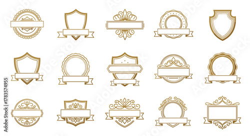 Collection of 15 golden vintage badge and logo design elements with flourish ornaments, perfect for branding, invitations, and decorative purposes, presented on a clean white background for easy
