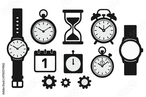 Black and white icons representing time management, scheduling, clocks, watches, hourglass, and gears