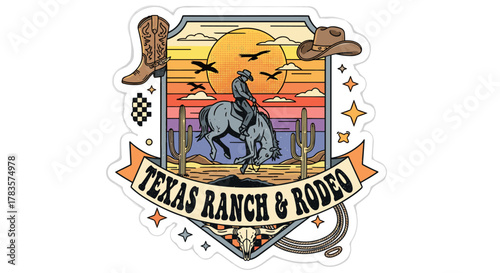 Groovy Y2K Wild West sticker featuring a cowboy riding a bucking bronco at sunset, with 