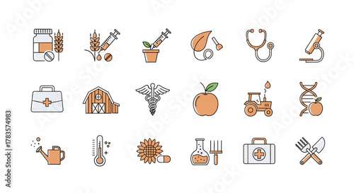A collection of line icons representing medicine and agriculture, featuring elements like pills, wheat, syringes, plants, a stethoscope, a microscope, a barn, an apple, a tractor, DNA, a watering