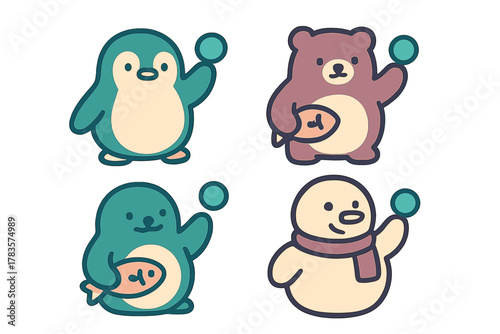 Cute cartoon penguin, brown bear, seal, and snowman set holding fish and snowballs