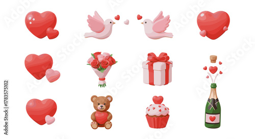 Charming 3D Valentine's Day Icons Set: A delightful collection featuring romantic hearts, adorable doves, a classic teddy bear, a festive gift box, a sweet cupcake, a bouquet of roses, and a
