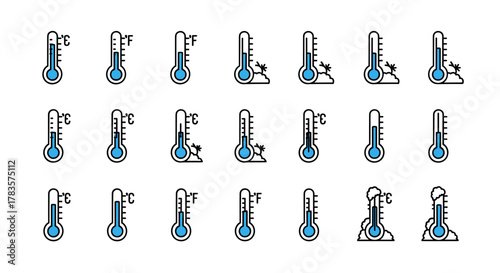 Collection of minimalistic thermometer icons and pictograms representing various temperature conditions, including cold weather with snow and hot weather with steam, in both Celsius and Fahrenheit