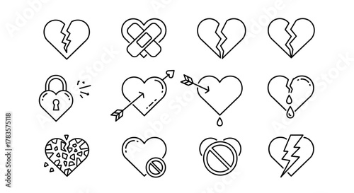 Collection of broken heart line icons, symbolizing heartbreak, sadness, and emotional pain. Includes cracked hearts, hearts with bandages, hearts pierced by arrows, a locked heart, and hearts with