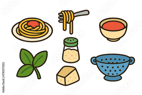 Set of Italian pasta ingredients, sauces, cheese, basil, and kitchen utensils