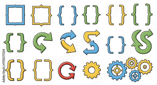 Collection of colorful cartoon vector graphics including stylized brackets, various directional arrows, and interlocking gears, perfect for infographics, articles, books, flyers, and banners