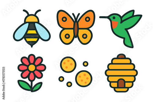 Brightly colored set of flying insects a flower and a traditional beehive