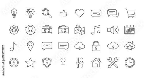 Modern outline style icons for design, cards, apps, and social networks. This ordered set of vector cartoon illustrations on a white background includes symbols for ideas, search, likes, hearts