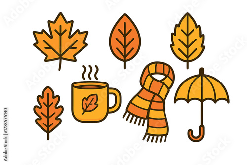 Collection of cozy autumn elements including colorful leaves, hot beverage mug, scarf, and umbrella