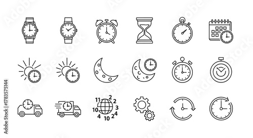 Modern thin line icon pack featuring a variety of time-related symbols, including watches, alarm clocks, hourglasses, stopwatches, calendars, sun and moon cycles, delivery trucks, and gears, all