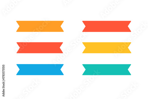 Six colorful flat ribbon banners arranged horizontally and vertically on white background