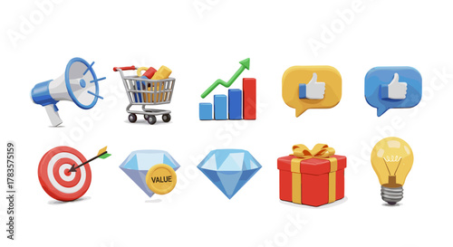Collection of 3D social media and marketing icons including a megaphone, shopping cart, bar graph, thumbs up, target, diamond, gift box, and lightbulb, presented on a clean white background for