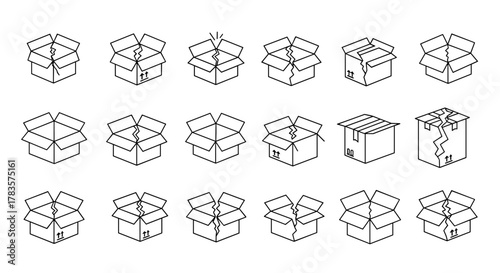 Collection of simple linear outline icons representing various types of broken and open cardboard boxes, perfect for e-commerce, logistics, and shipping-related designs, editable stroke, vector