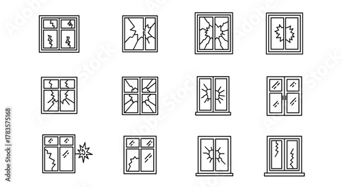 Set of minimalistic linear icons depicting broken windows with cracks and shattered glass, representing damage, accidents, or security breaches. Ideal for web design, graphic applications, banners