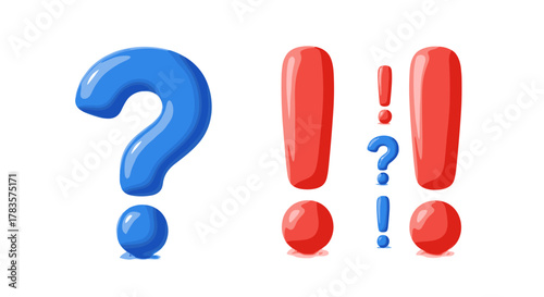 Vivid 3D icons of a large blue question mark and several red exclamation marks, alongside smaller blue question marks and red exclamation marks, arranged in ordered lines against a clean white