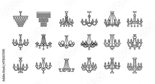 Collection of minimalistic line art icons representing various chandelier designs, perfect for web, graphic design, apps, banners, social networks, and cards. This vector cartoon illustration