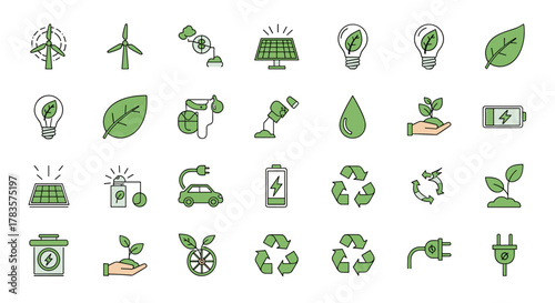 Collection of Green Energy Signs and Symbols, including wind turbines, solar panels, light bulbs with leaves, recycling symbols, electric cars, batteries, and plants, all drawn with thin lines in a