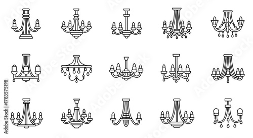 Collection of simple thin line art chandelier icons, perfect for web design, books, cards, and apps. This vector cartoon illustration features a variety of chandelier styles on a clean white