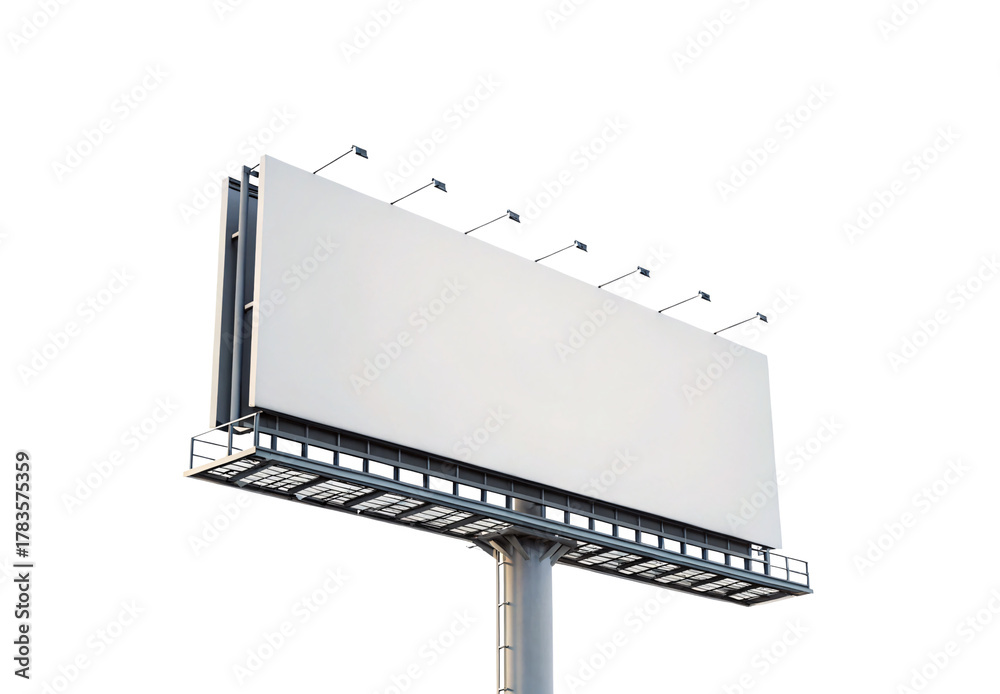 Obraz premium Large blank white billboard with metal frame, lighting fixtures, and industrial support structure elevated on pole, isolated on a transparent background
