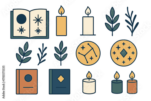 Mystical icons featuring spell books, burning candles, herbs, and celestial symbols
