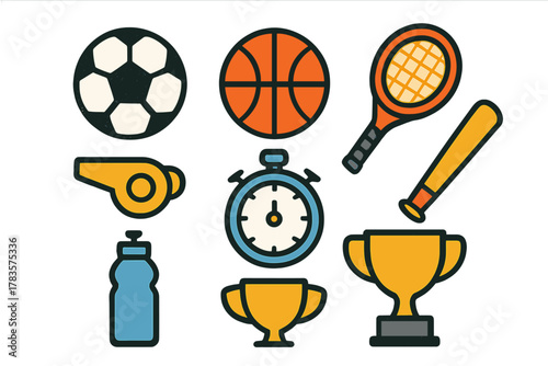Essential sports equipment and competition icons set including balls, trophies, and timing devices