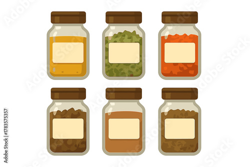 Collection of six glass jars filled with assorted dried spices and seasoning powders