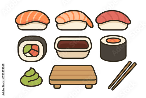 Assortment of classic Japanese sushi, maki rolls, nigiri, wasabi, soy sauce, and wooden chopsticks