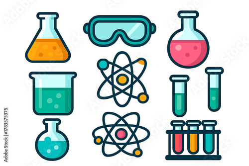 Colorful chemistry and science laboratory equipment set including flasks, test tubes, beakers, goggles, and atomic models