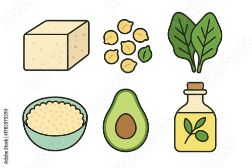 Healthy vegan food ingredients collection featuring tofu, chickpeas, spinach, and avocado