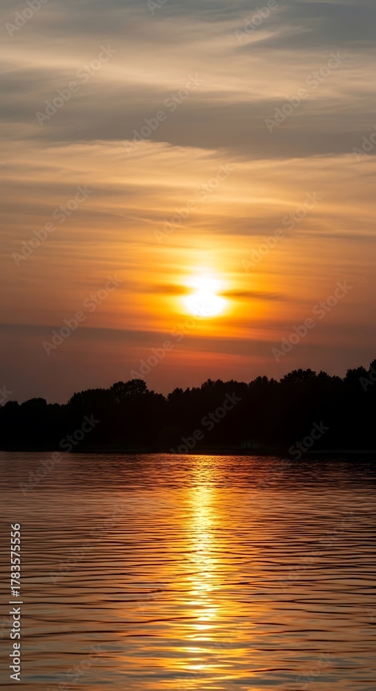Naklejka premium Golden Hour Reflections - Serene Sunset Over Still Waters.